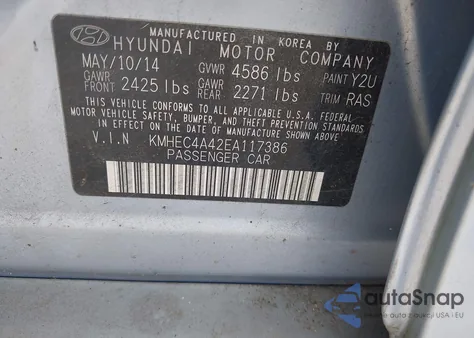 2014 Hyundai Sonata Hybrid from USA, damaged, VIN KMHEC4A42EA117386